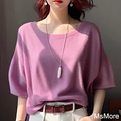 【MsMore】 針織短袖小個子休閒上衣超好看法式圓領純色T恤短版上衣# 122319 FREE 紫色