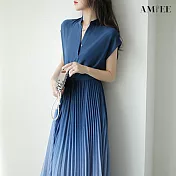 【AMIEE】仙氣百褶連身裙洋裝(KDDY-3317) M 藍色