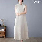 【AMIEE】日系無袖棉麻連身裙洋裝(KDDY-7080) M 麻色