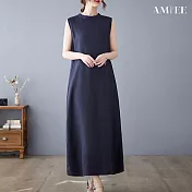 【AMIEE】日系無袖棉麻連身裙洋裝(KDDY-7080) M 藏青