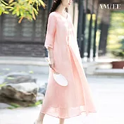 【AMIEE】氣質中國風飄逸連身裙洋裝(KDDY-8291) L 粉紅
