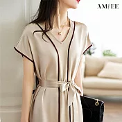 【AMIEE】氣質緞面連身裙洋裝(KDDY-0632) 2XL 卡其
