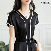 【AMIEE】氣質緞面連身裙洋裝(KDDY-0632) L 黑色