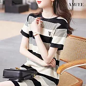 【AMIEE】撞色條紋連身裙洋裝(KDDY-9962) L 黑色
