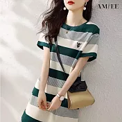 【AMIEE】撞色條紋連身裙洋裝(KDDY-9962) 2XL 墨綠