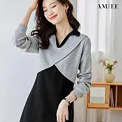 【AMIEE】雙色拼接連身裙洋裝(KDDY-0264) M 黑灰色