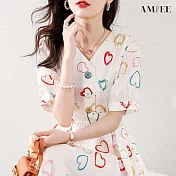 【AMIEE】韓系印花連身裙洋裝(KDDY-4481) M 白色