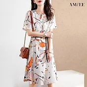 【AMIEE】氣質幾何印花連身裙洋裝(KDDY-2990) M 花色