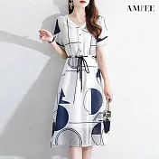 【AMIEE】韓系幾何顯瘦連身裙洋裝(KDDY-7509) M 白色