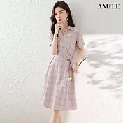 【AMIEE】氣質修身格紋連身裙洋裝(KDDY-8542) M 粉紅色