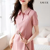 【AMIEE】氣質POLO領連身裙洋裝(KDDY-2336) L 粉紅色