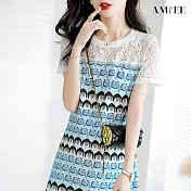 【AMIEE】簡約拼接連身裙洋裝(KDDY-9421) 2XL 藍色