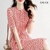 【AMIEE】碎花顯瘦連身裙洋裝(KDDY-7231) 2XL 紅色
