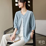 【初色】純色寬鬆輕薄立領排釦五分袖短袖外套襯衫上衣女上衣-藍色-33463(M-2XL可選) XL 藍色