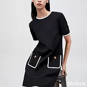【MsMore】 小香風連身裙簡約休閒H型圓領短袖中長洋裝# 122334 M 黑色
