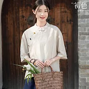 【初色】新中式棉麻風素色寬鬆遮肉立領盤釦五分袖T恤襯衫上衣女上衣-共2色-33681(M-2XL可選) XL 麻色