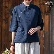 【初色】新中式棉麻風素色寬鬆遮肉立領盤釦五分袖T恤襯衫上衣女上衣-共2色-33681(M-2XL可選) XL 藏青色