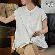 【初色】文藝風寬鬆休閒純色圓領無袖單排扣襯衫上衣女上衣-共2色-33683(M-2XL可選) M 白色