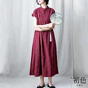 【初色】棉麻風中長款緹花連身洋裝短袖連身裙-共2色-33668(M-2XL可選) M 酒紅色