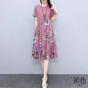 【初色】棉麻風拼接寬鬆單側排釦印花圓領短袖口袋連身裙連衣裙中長裙洋裝-共3色-69853(M-2XL可選) M 紫色