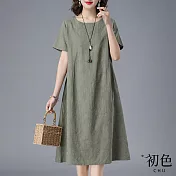 【初色】棉麻風涼感透氣中大碼寬鬆短袖圓領提花中長裙連身裙洋裝-共2色-69899(M-2XL可選) M 綠色