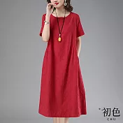 【初色】棉麻風涼感透氣中大碼寬鬆短袖圓領提花中長裙連身裙洋裝-共2色-69899(M-2XL可選) M 紅色