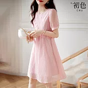 【初色】圓領短袖荷葉邊素色收腰顯瘦中長裙連身裙洋裝-粉紅色-69109(M-2XL可選) M 粉紅色
