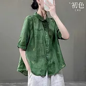 【初色】復古文藝刺繡透氣棉麻寬鬆翻領五分袖襯衫上衣-共4色-70061(M-2XL可選) M 綠色
