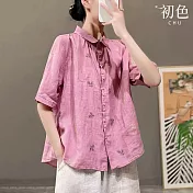【初色】復古文藝刺繡透氣棉麻寬鬆翻領五分袖襯衫上衣-共4色-70061(M-2XL可選) M 粉紅色
