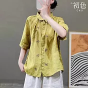 【初色】復古文藝刺繡透氣棉麻寬鬆翻領五分袖襯衫上衣-共4色-70061(M-2XL可選) M 黃色