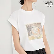 【初色】簡約藝術印花修身寬鬆涼感無袖圓領T恤上衣女上衣-共2色-33611(M-2XL可選) XL 白色