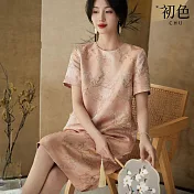 【初色】新中式繡花刺繡緹花寬鬆圓領短袖中長裙連身洋裝連身裙洋裝-藕粉色-33533(M-XL可選) M 藕粉色