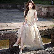 【初色】新中式改良旗袍純色拼接修身顯瘦立領簍空無袖連身裙洋裝-米色-33534(M-XL可選) M 米色