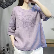 【初色】圓領棉麻風刺繡上衣七分長袖T恤女上衣-共2色-34775(M-2XL可選) L 紫色