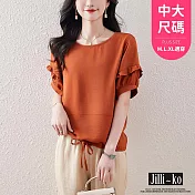 【Jilli~ko】中大尺碼荷葉邊拼接短袖圓領抽繩氣質T恤女 J11870 FREE 橘色