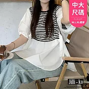 【Jilli~ko】中大尺碼法式條紋拼接泡泡袖娃娃衫女 J11867  FREE 黑色