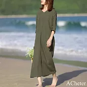 【ACheter】 寬鬆大碼棉麻感色織綠色連身裙文藝V領五分袖顯瘦純色長裙洋裝# 122470 2XL 綠色