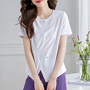 【MsMore】 不規則短袖T恤休閒純色圓領皺褶開岔短版上衣# 122474 2XL 白色