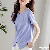 【MsMore】 不規則短袖T恤休閒純色圓領皺褶開岔短版上衣# 122474 2XL 紫色
