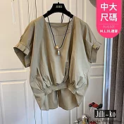 【Jilli~ko】中大尺碼設計感寬鬆顯瘦短袖上衣女 J11864 FREE 卡其色