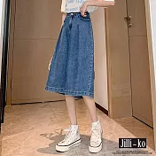 【Jilli~ko】高腰闊腿顯瘦休閒七分闊腿牛仔褲女 M-XL J11836 M 藍色