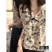 【Jilli~ko】法式水墨碎花甜美泡泡袖娃娃襯衫女 J11850 FREE 黑色