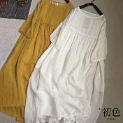 【初色】圓領褶皺寬鬆遮肉休閒雙層七分袖連身裙洋裝-共3色-33679(M-2XL可選) M 白色