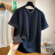 【初色】純色緞面拼接圓領盤扣短袖T恤上衣女上衣-共2色-33674(M-2XL可選) XL 黑色