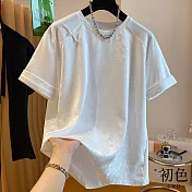 【初色】純色緞面拼接圓領盤扣短袖T恤上衣女上衣-共2色-33674(M-2XL可選) M 白色