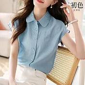 【初色】寬鬆透氣純色翻領無袖襯衫上衣女上衣-藍色-34048(M-2XL可選) XL 藍色