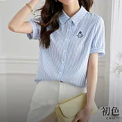 【初色】清涼感輕薄撞色條紋拼接學院風刺繡短袖襯衫上衣女上衣-共2色-33758(M-2XL可選) 2XL 藍色