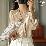 【初色】新中式文藝印花V領燈籠袖九分長袖襯衫上衣女上衣-共2色-33741(M-2XL可選) L 卡其色