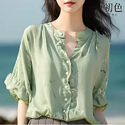 【初色】純色碎花休閒緞面荷葉邊圓領五分袖襯衫女上衣-綠色-33753(M-2XL可選) M 綠色