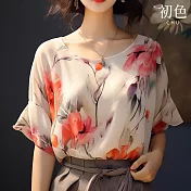 【初色】中國風花卉印花喇叭袖涼爽寬鬆顯瘦圓領短袖T恤上衣女上衣-白色-33807(M-2XL可選) M 白色